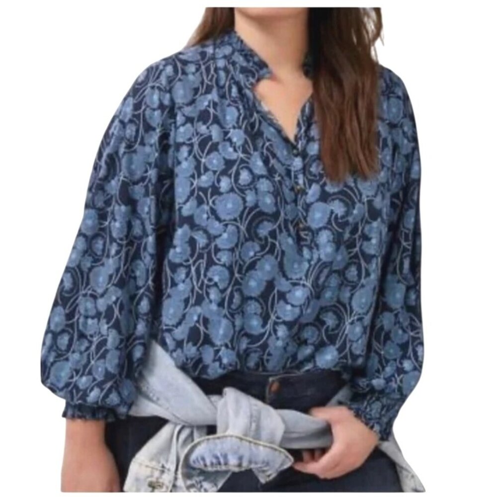 Anthropologie Maeve Collette Peasant Floral Black-Blue Blouse Small Long Sleeve